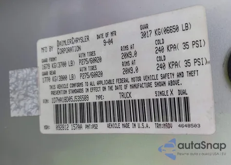 2005 Dodge Ram 1500 Slt/Laramie z USA, uszkodzony, nr VIN 1D7HA18D05J535589